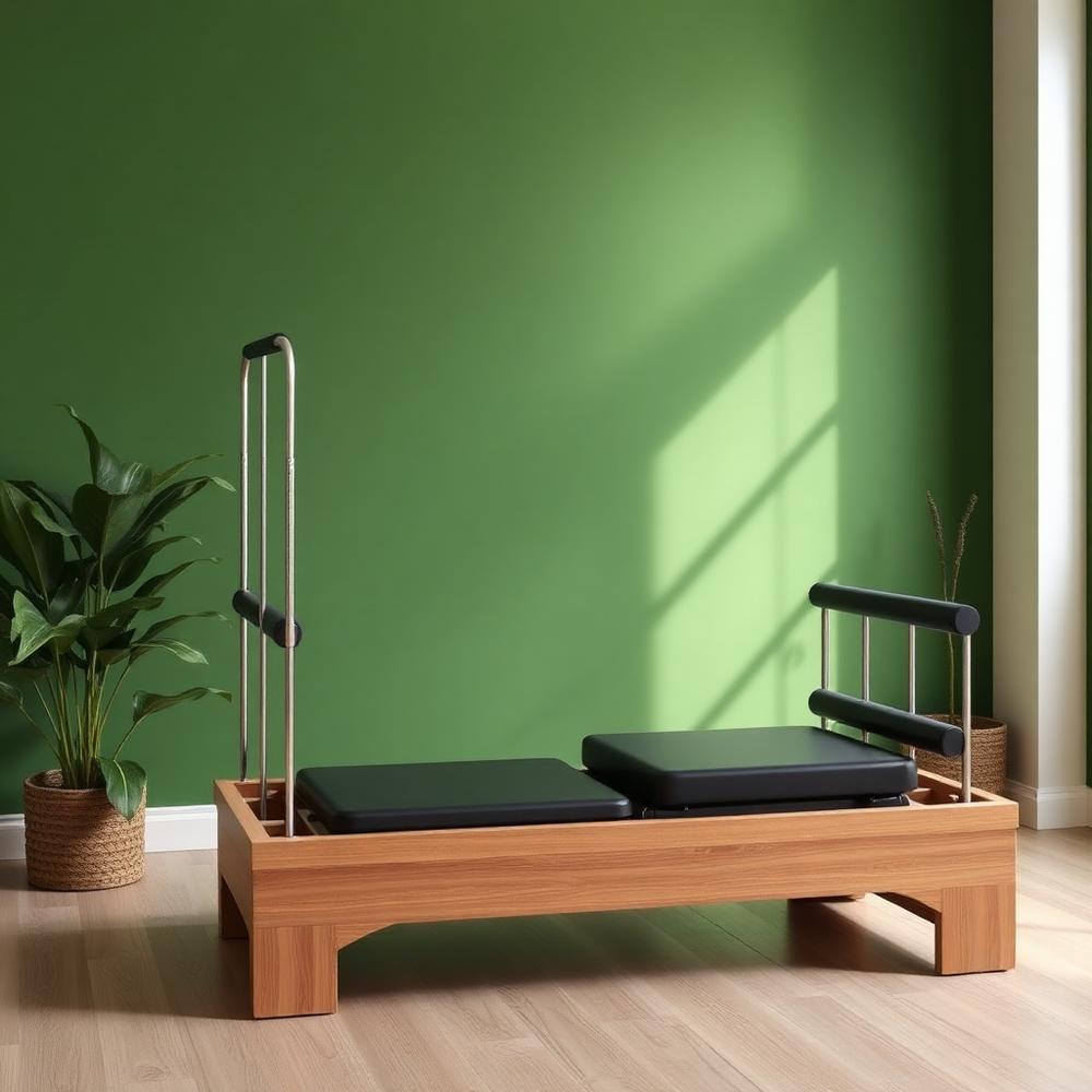 Aparelho de Pilates em madeira clara com estofado verde